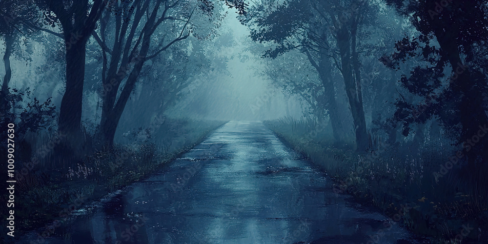 Poster a road with trees on either side and a wet road