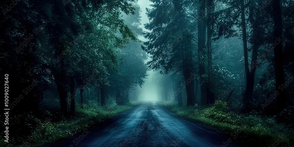 Poster a forest road with trees and a foggy atmosphere