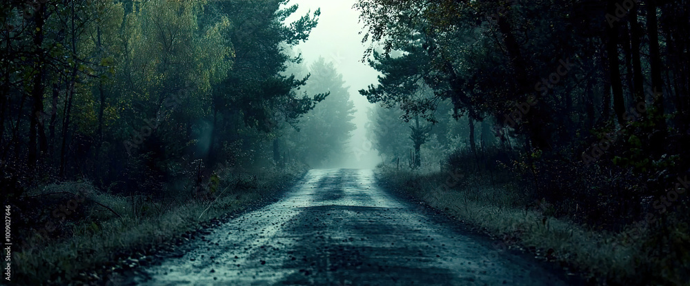Poster a road with trees in the background and rain
