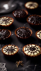 Charming Halloween themed tarts topped with intricate chocolate spider decorations, perfect for festive celebrations and spooky dessert tables.

