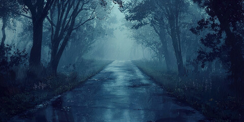A road with trees on either side and a wet road