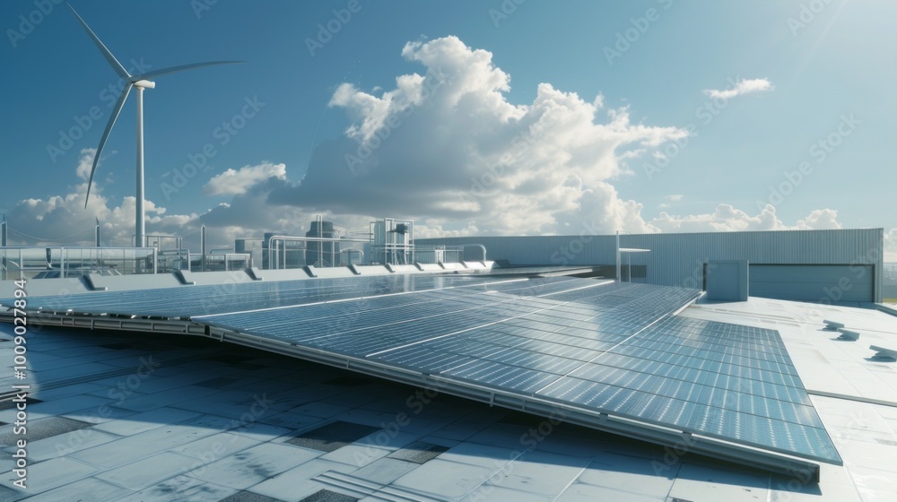 Poster a large solar panel array is installed on the roof of a building