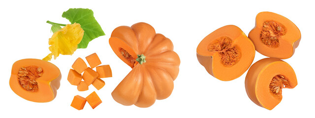 Fresh orange pumpkin isolated on white background with full depth of field. Top view. Flat lay