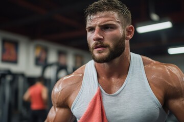 Obraz premium A powerful, sweaty man dressed in athletic gear with a red towel draped over his shoulder stands in a gym, capturing strength, perseverance, and athletic dedication.