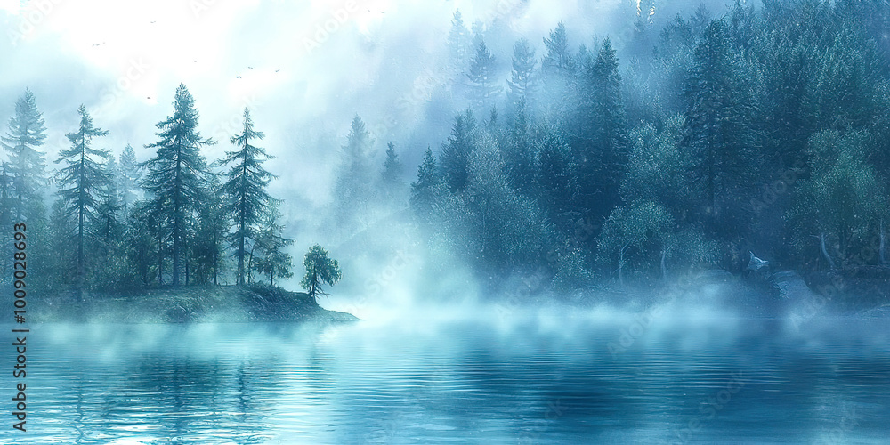 Poster a forest with a lake in the background