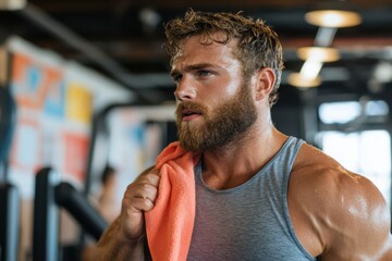 Obraz premium Muscular man with a beard holding a towel over shoulder, displaying determination in a brightly lit gym environment during a workout session.