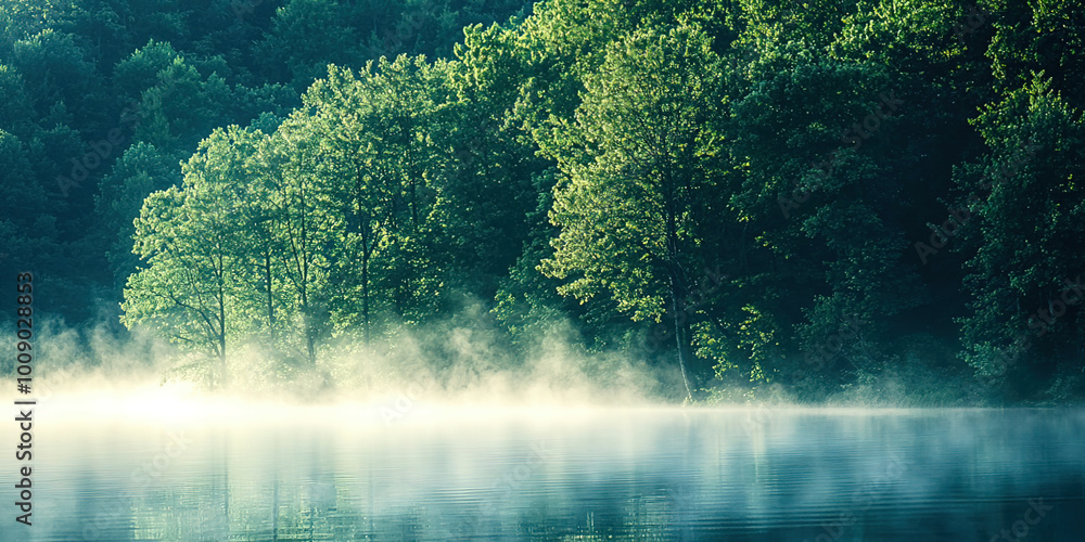 Poster a forest with foggy mist and trees
