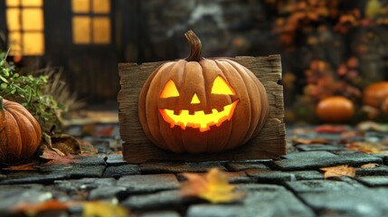 Illuminated Jack-o'-Lantern on Wooden Plank with Cobblestone Background