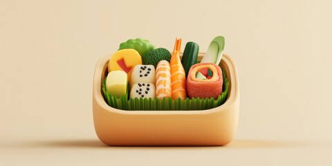 A detailed 3D illustration of a money box shaped like a bento lunch, showcasing various food items, isolated on a clean background, symbolizing savings and culinary art