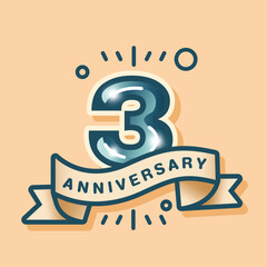 A 3rd anniversary logo on a cream-brown pastel background, designed in a flat style. The celebration features the number with a matching tone vector ribbon and simple background design elements.
