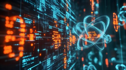 Obraz premium A futuristic digital interface showing atoms as holograms, with their atomic masses floating beside them in glowing data streams, representing their total mass