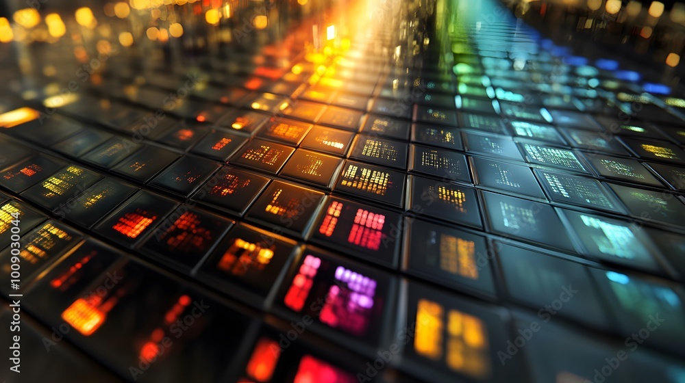 Poster a sleek, metallic periodic table where elements light up in different colors, focusing on the digita