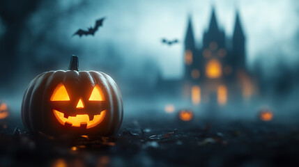 Obraz premium glowing jack o lantern sits on foggy path, with spooky castle in background. 