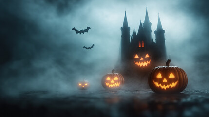 Glowing jack o lanterns illuminate foggy path leading to spooky castle, with bats flying in eerie night sky