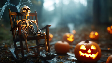skeleton sits in rocking chair surrounded by glowing pumpkins in misty forest, creating spooky Halloween atmosphere. 