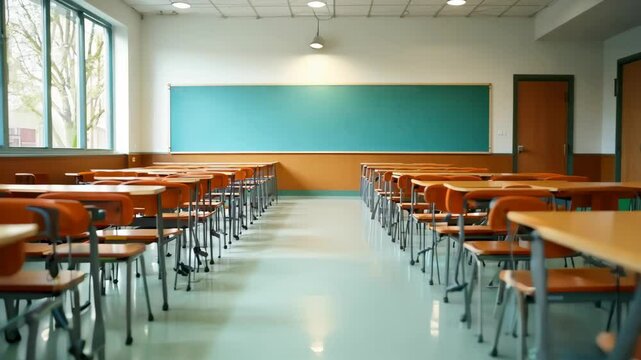 A bright, inviting classroom features orange plastic chairs and wooden desks, large windows letting in natural light, and a green chalkboard, ideal for educational content.