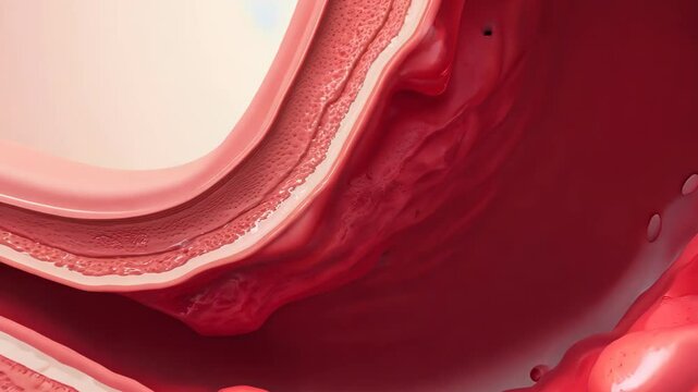 A medical illustration of a bleeding stomach ulcer inside the human digestive system, showing a detailed cross-section of the stomach lining affected by erosion and hemorrhage.