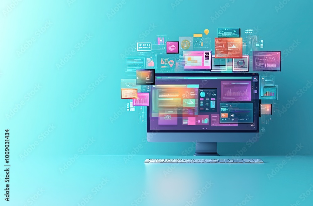 Poster modern computer with floating digital data elements