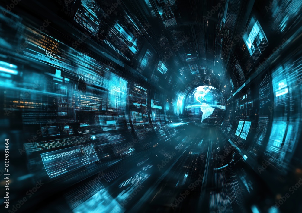 Poster futuristic digital globe with fast data streams