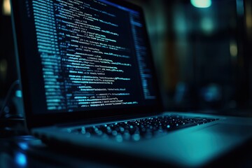 Laptop Displaying Computer Code in a Dark Room