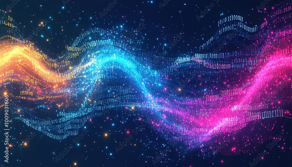 Poster vibrant digital wave of binary code in motion