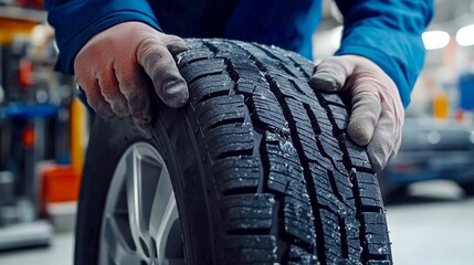 Fototapeta premium Mechanic Placing New Winter Tire on Wheel Hub in Garage
