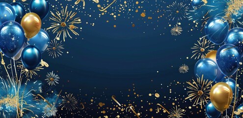 Blue and gold balloons with fireworks on a dark background. Ideal for festive celebrations and party invitations.