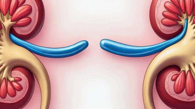 Anatomical illustration of human kidneys, featuring vibrant red hues and smooth texture. A blue ureter connects them, highlighting the urinary system. Ideal for educational and medical use.