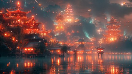 Conceptualize a neon exhibit of cultural symbols, featuring shimmering temples