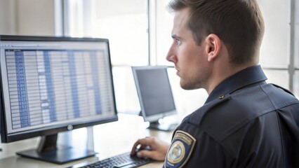 Police Officer Entering Suspect's Personal Data into Computer Database, Side View in Office, Law Enforcement Technology






