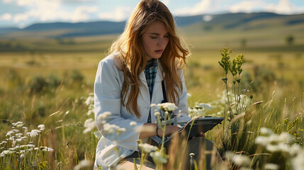 female environmental scientist 30s dedicated in a field with research equipment and natural setting