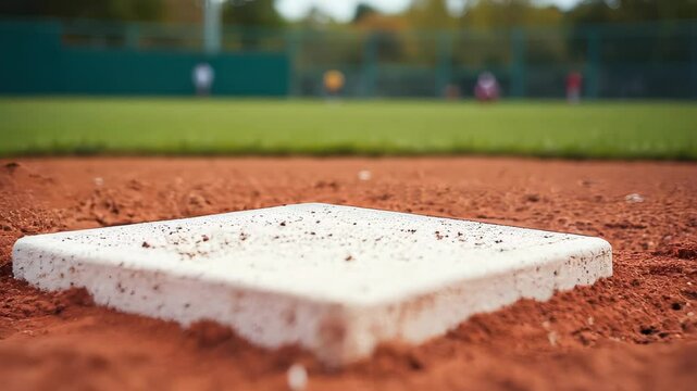 A close-up of home plate on a well-kept baseball diamond, featuring textured clay and a worn plate, with blurred players in a vibrant, sunlit outfield.
