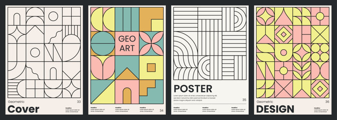 Minimalist covers design. Abstract geometric backgrounds. A4 size print templates with customizable text. Modern layouts with linear patterns for card, poster, brochure, flyer or catalog.