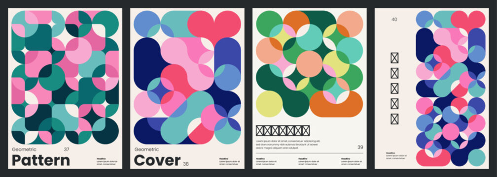 Minimalist covers design. Abstract geometric backgrounds. A4 size print templates with customizable text. Modern layouts with circular patterns for card, poster, brochure, flyer or catalog