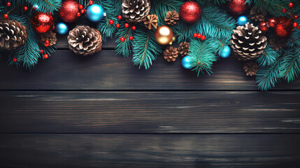 Christmas tree branches with fir cones, blue and red Christmas balls on a dark wooden background.