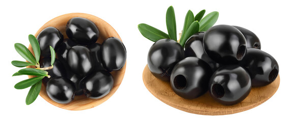 Black olives with leaves in wooden bowl isolated on a white background with full depth of field. Top view. Flat lay