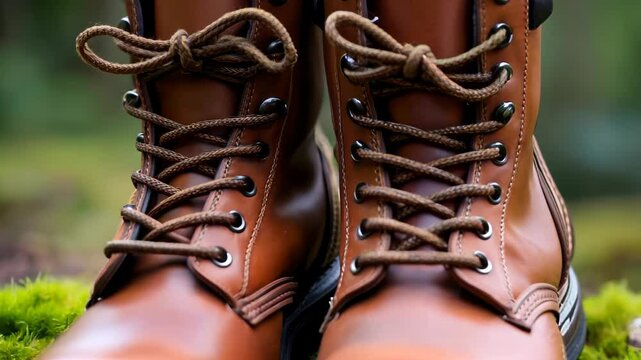 Stylish, rugged brown leather boots with intricate lacing and metal eyelets rest on lush green moss. Perfect for outdoor adventures and eco-friendly fashion.
