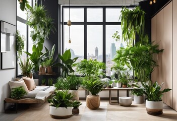 Fototapeta premium lively indoor plant displays enhancing aesthetics contemporary urban environments colorful greenery creative arrangements, design, foliage, decor, botanical