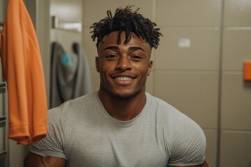Obraz premium A cheerful, athletic man wearing gray attire smiles in a locker room, radiating confidence, self-assurance, and readiness for physical activity as he prepares to exercise.