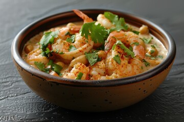 Fototapeta premium A bowl of vatap, a creamy dish made with bread, shrimp, coconut milk, and ground peanuts, garnished with cilantro