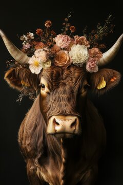 scottish highlander cow in an explosion of flowers christmas style artwork