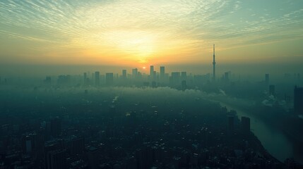 Obraz premium A breathtaking city skyline at sunset, showcasing silhouettes against a vibrant sky, perfect for travel and urban themes.