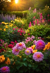 Obraz premium vibrant close ups seasonal garden blooms lush foliage highlighting beauty flora, flowers, petals, leaves, plants, nature, color, texture, bright, greens