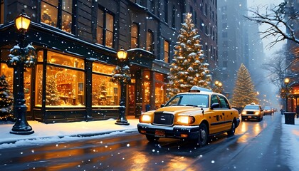 A snowy street scene featuring a yellow taxi amid festive holiday decorations and illuminated storefronts, capturing a warm winter atmosphere.