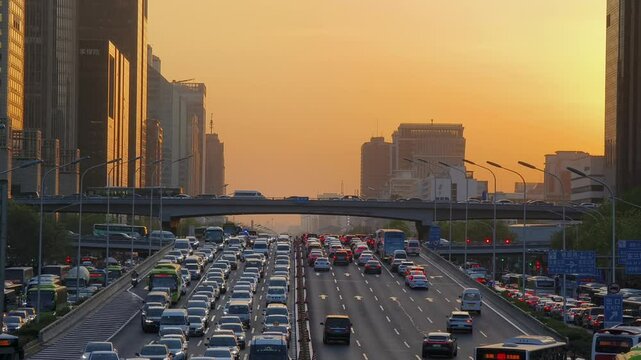 Traffic in rush hour in business district at sunset, Beijing,China.