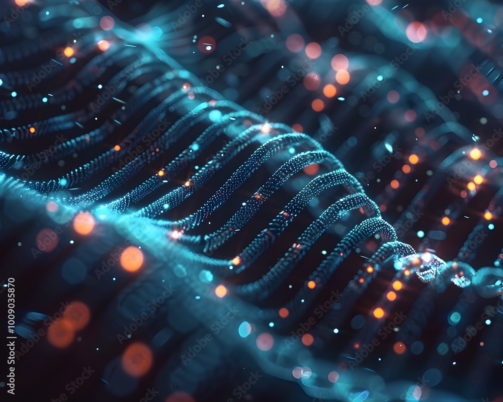 Poster glowing dna molecule with embedded digital data bits fusion of biology and technology