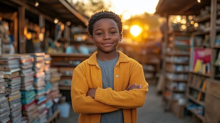Fototapeta premium Confident Young Boy Standing in Front of a Bookstore