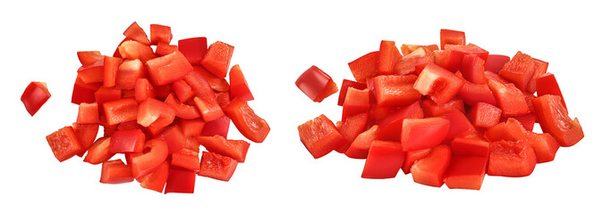 diced of red sweet bell pepper isolated on white background. Top view. Flat lay