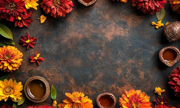 Diwali Festive Frame with Flowers, Diyas, and Oil