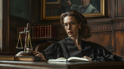 female judge 50s authoritative yet approachable in a courtroom with gavel and law books
